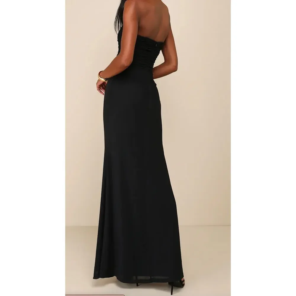 NWT Lulus Epitome of Allure Black Mesh Strapless Ruched Maxi Dress Size Small - Picture 5 of 11